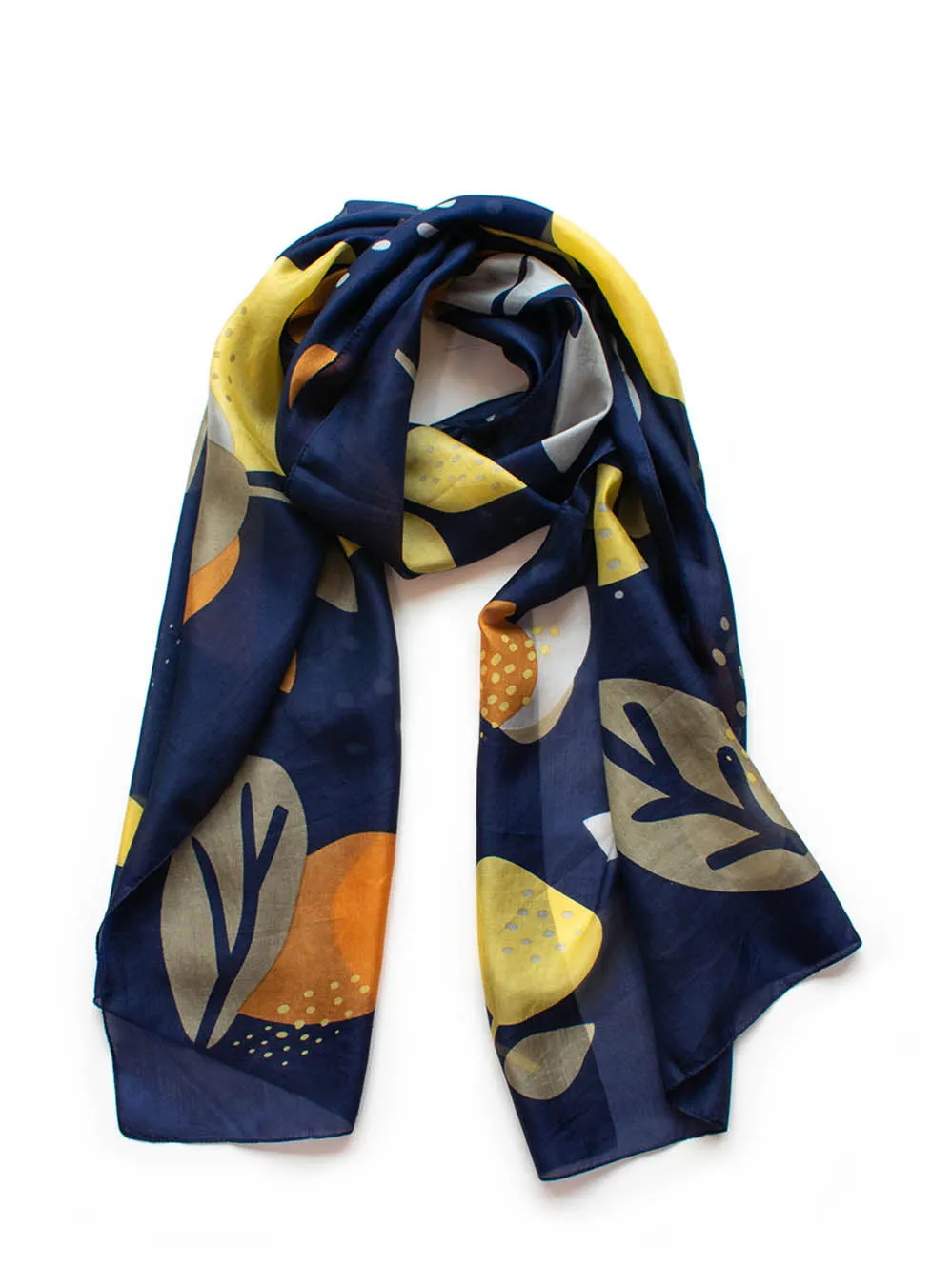 Abstract Floral Silk Scarf  Indigo / Caramel