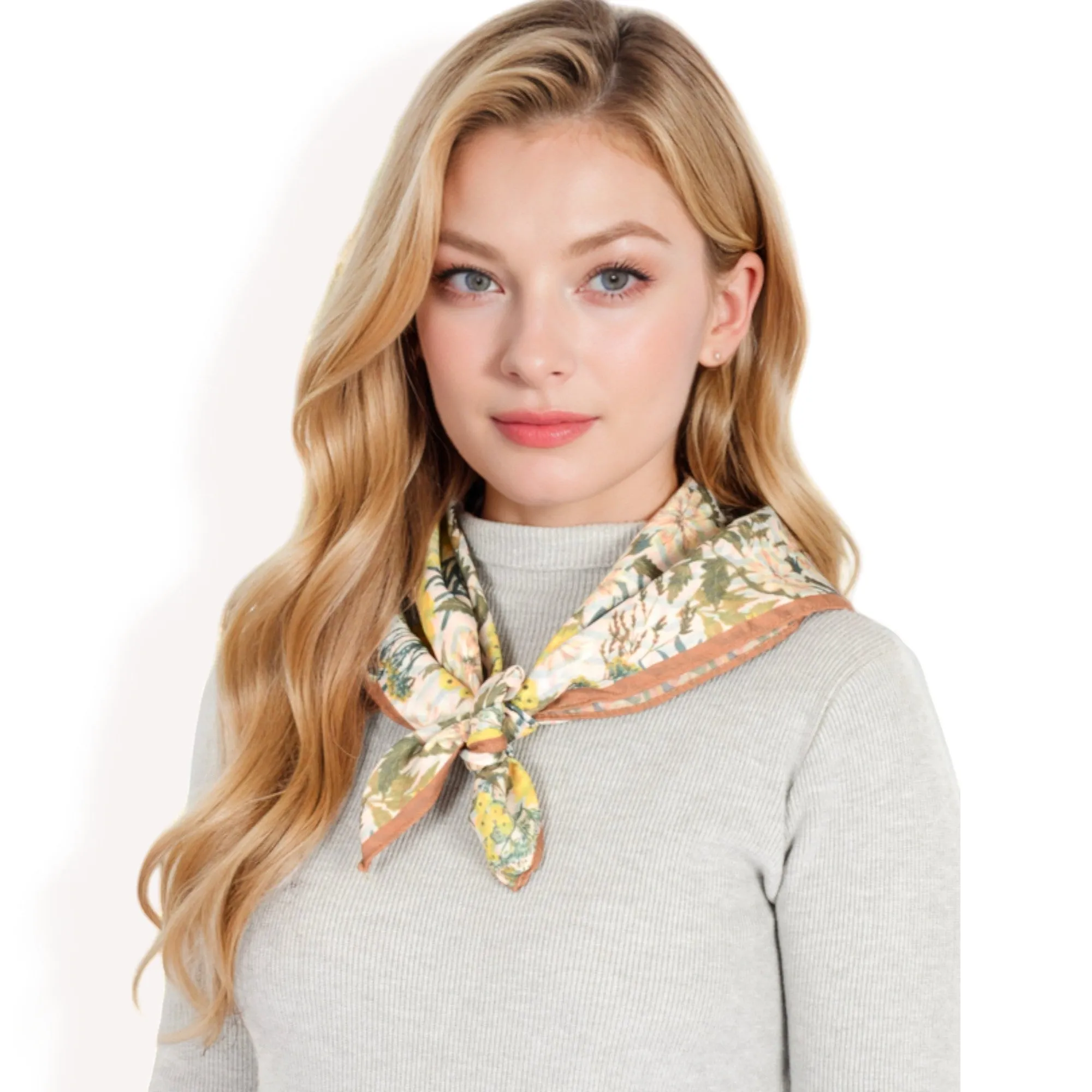 Anna-Kaci Women's Floral Printed Satin Square Scarves with Elegant Patterns and Contrast Borders for Chic and Versatile Styling