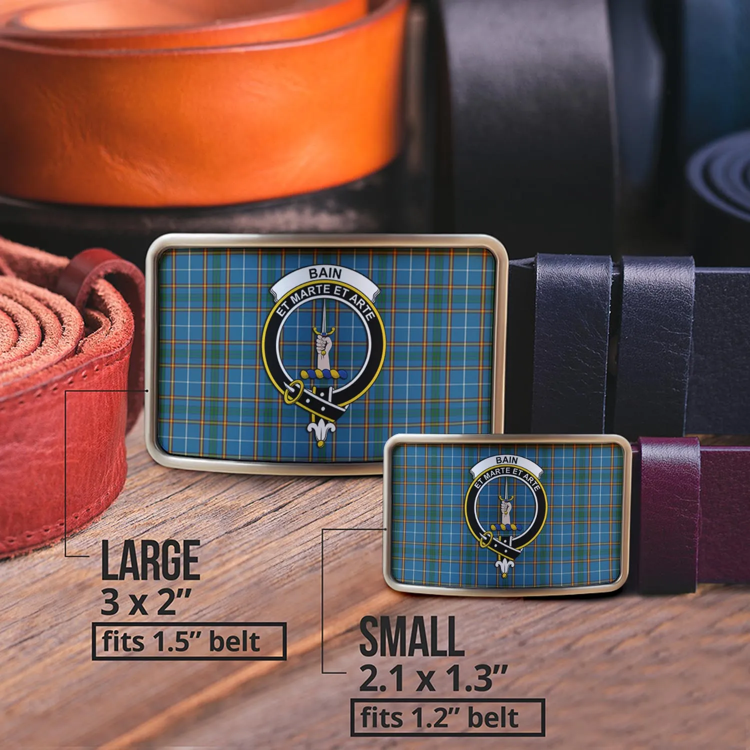 Bain Tartan Belt Buckles with Family Crest