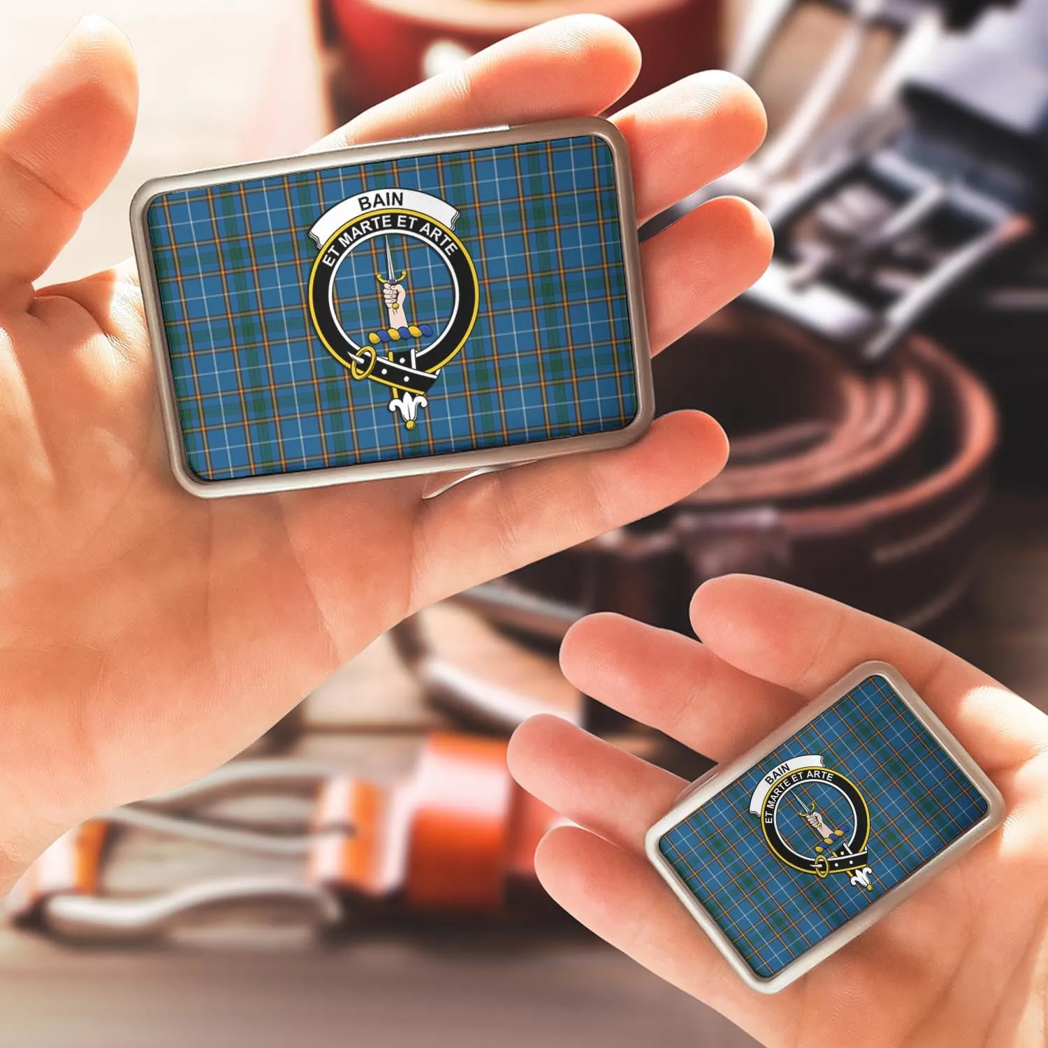 Bain Tartan Belt Buckles with Family Crest