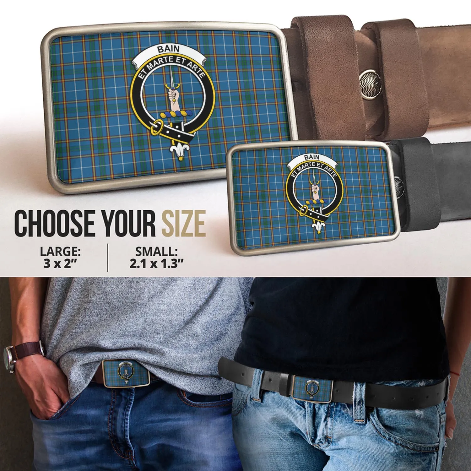 Bain Tartan Belt Buckles with Family Crest