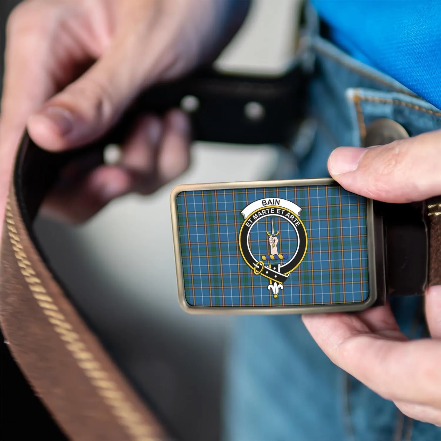 Bain Tartan Belt Buckles with Family Crest