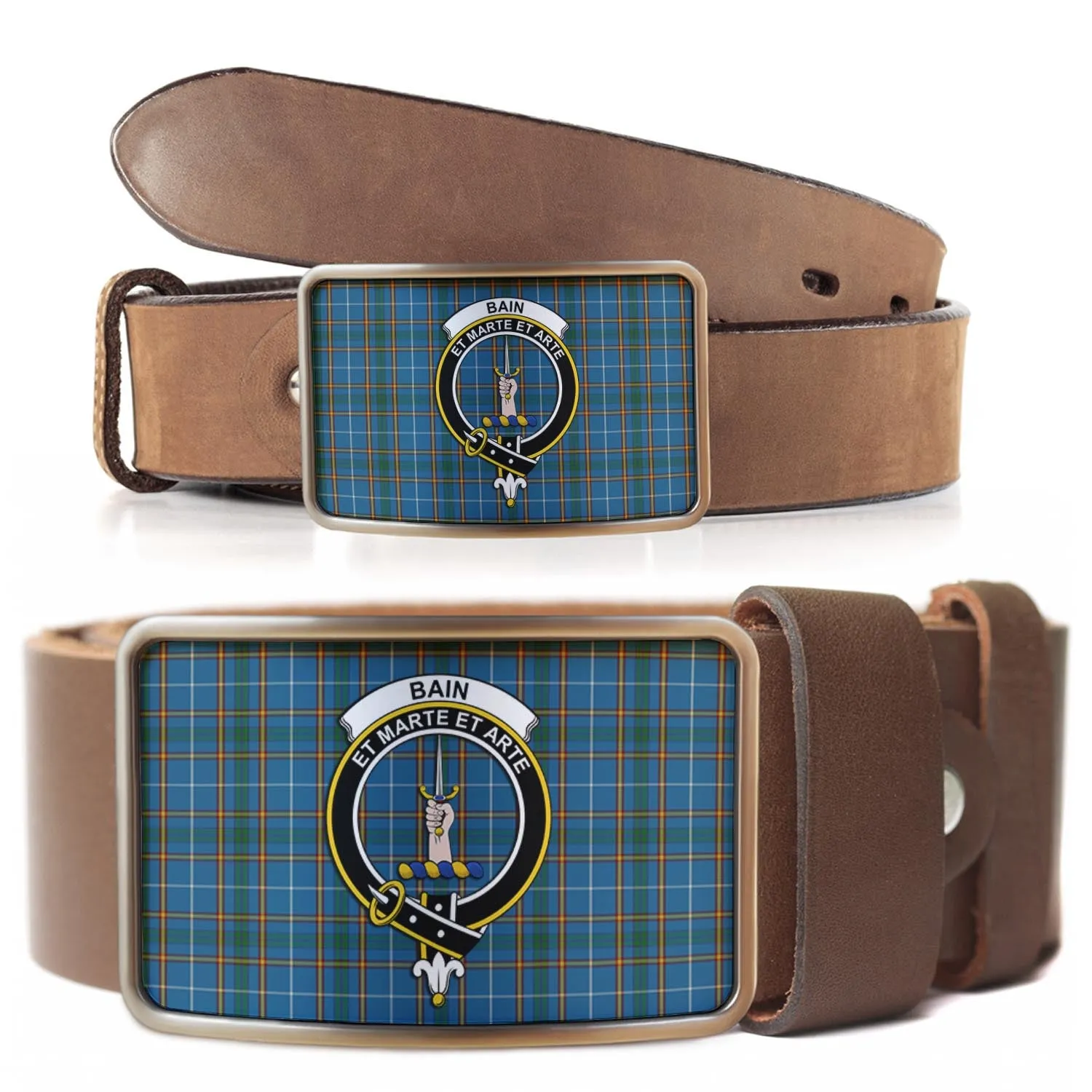 Bain Tartan Belt Buckles with Family Crest