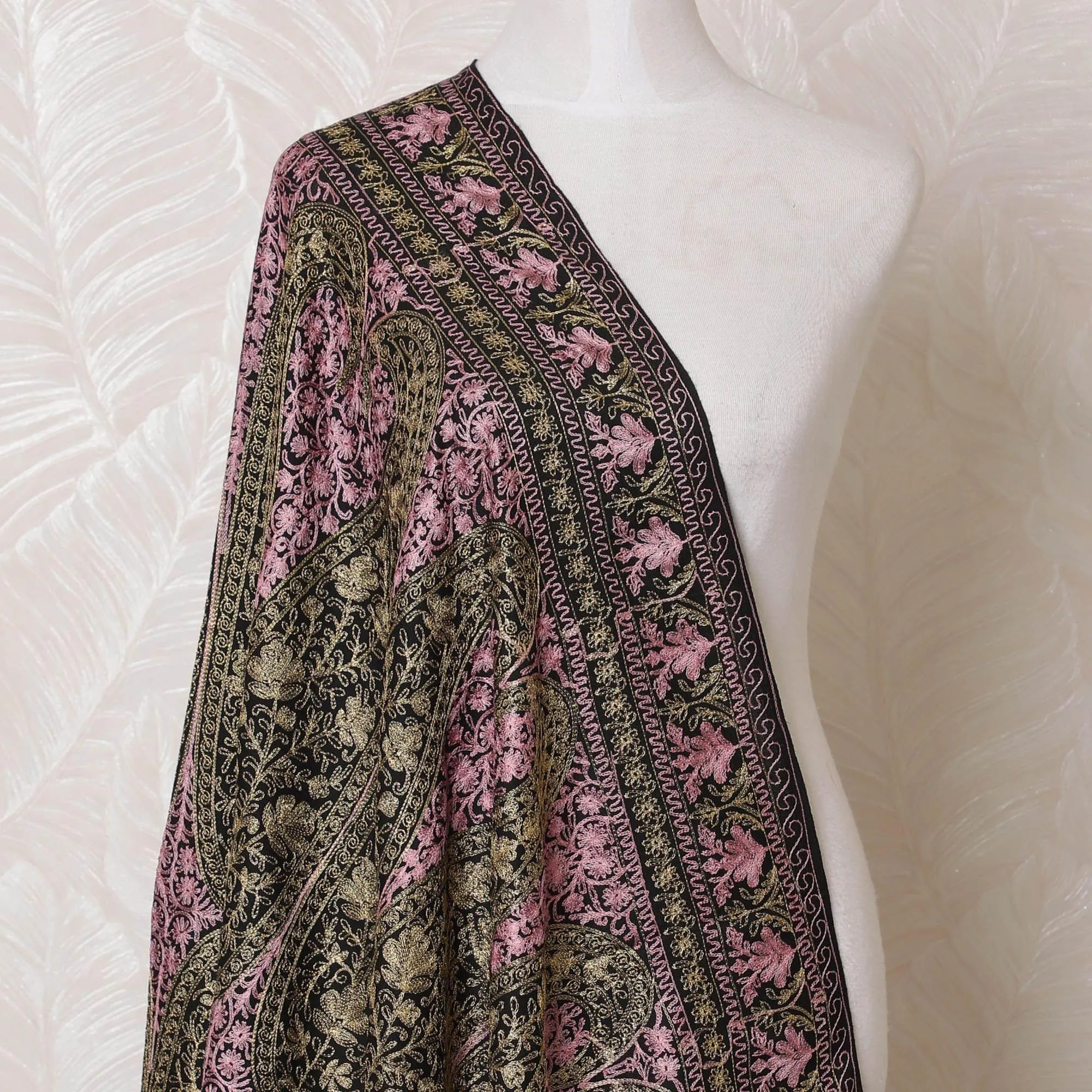 Black Premium pure kashmiri shawl with gold and baby pink jacquard in floral design-D14939