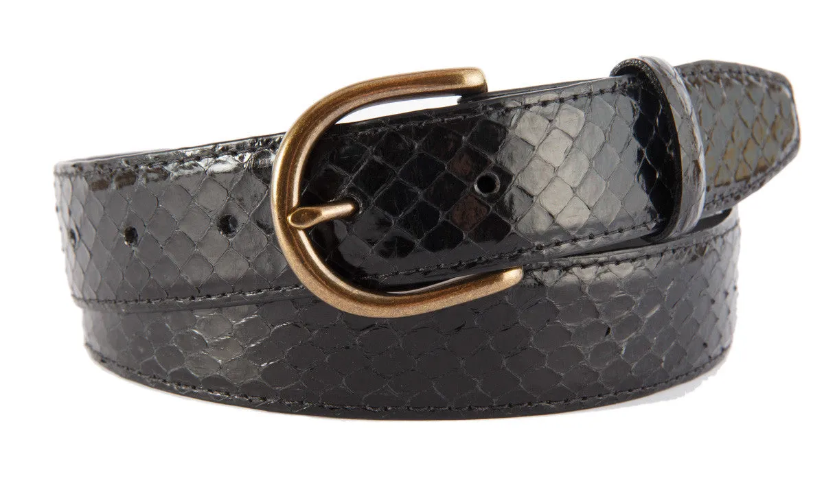 Black Snakeskin Belt, Soho Buckle (Antique Brass)