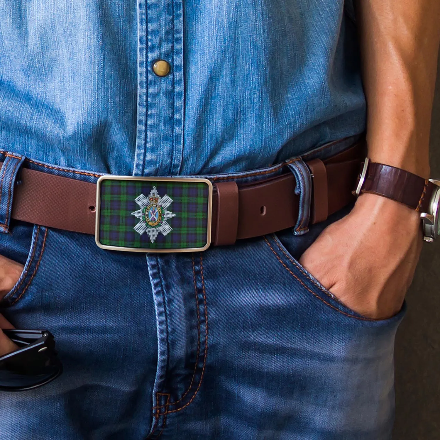 Black Watch Tartan Belt Buckles with Family Crest