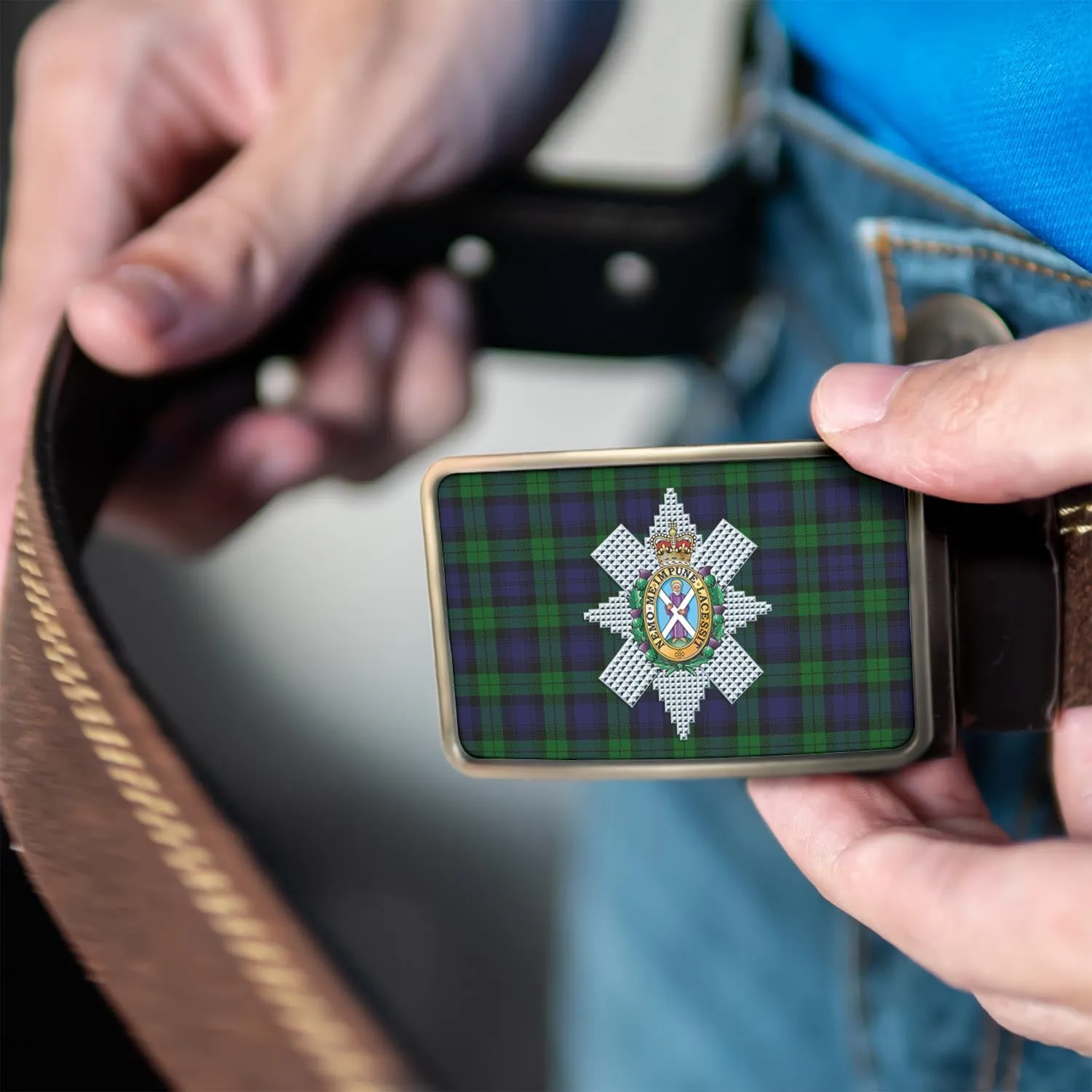 Black Watch Tartan Belt Buckles with Family Crest