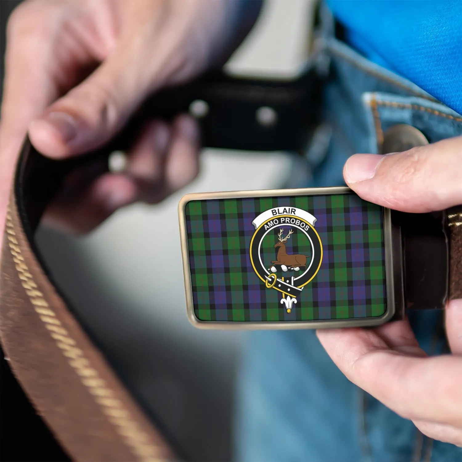 Blair Tartan Belt Buckles with Family Crest