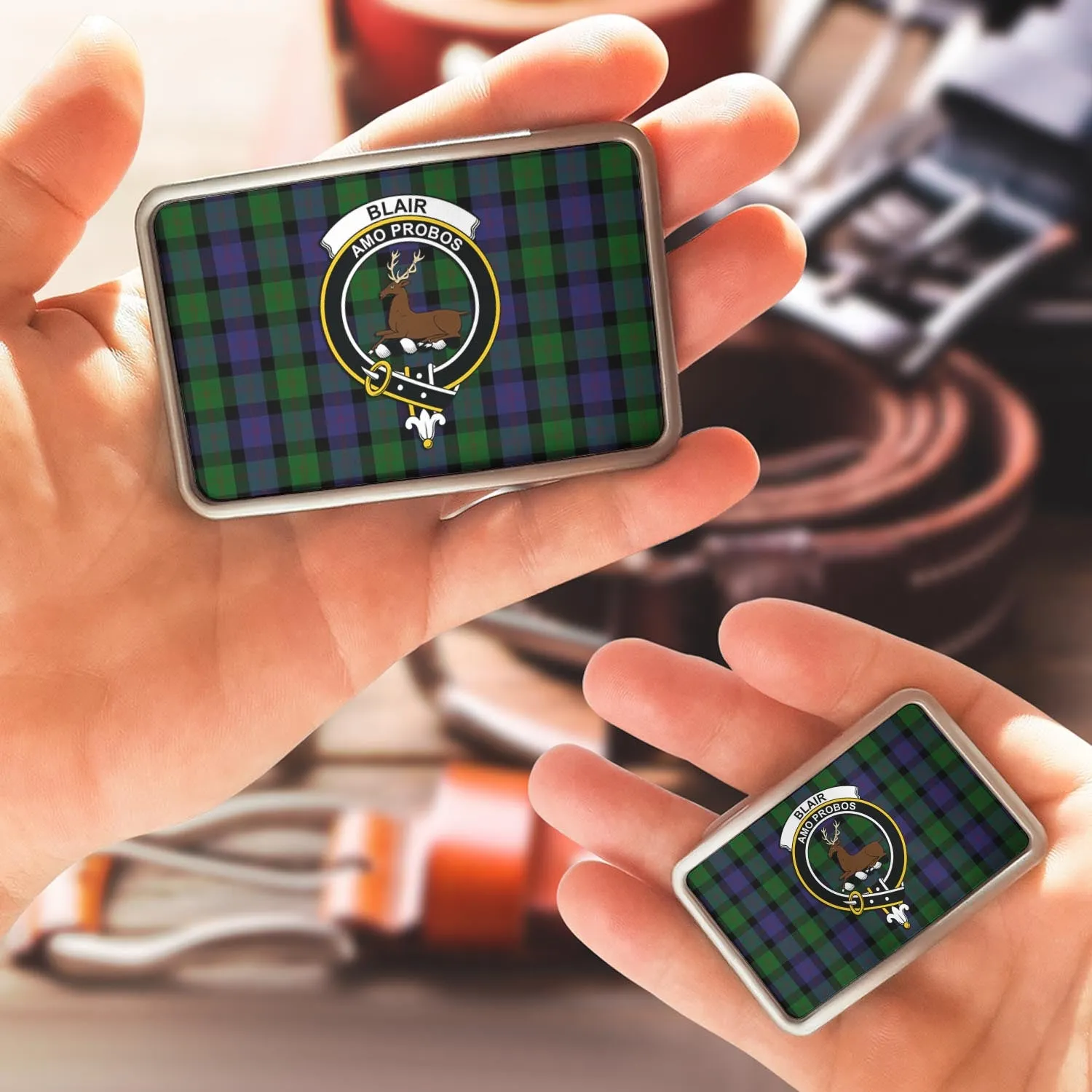 Blair Tartan Belt Buckles with Family Crest