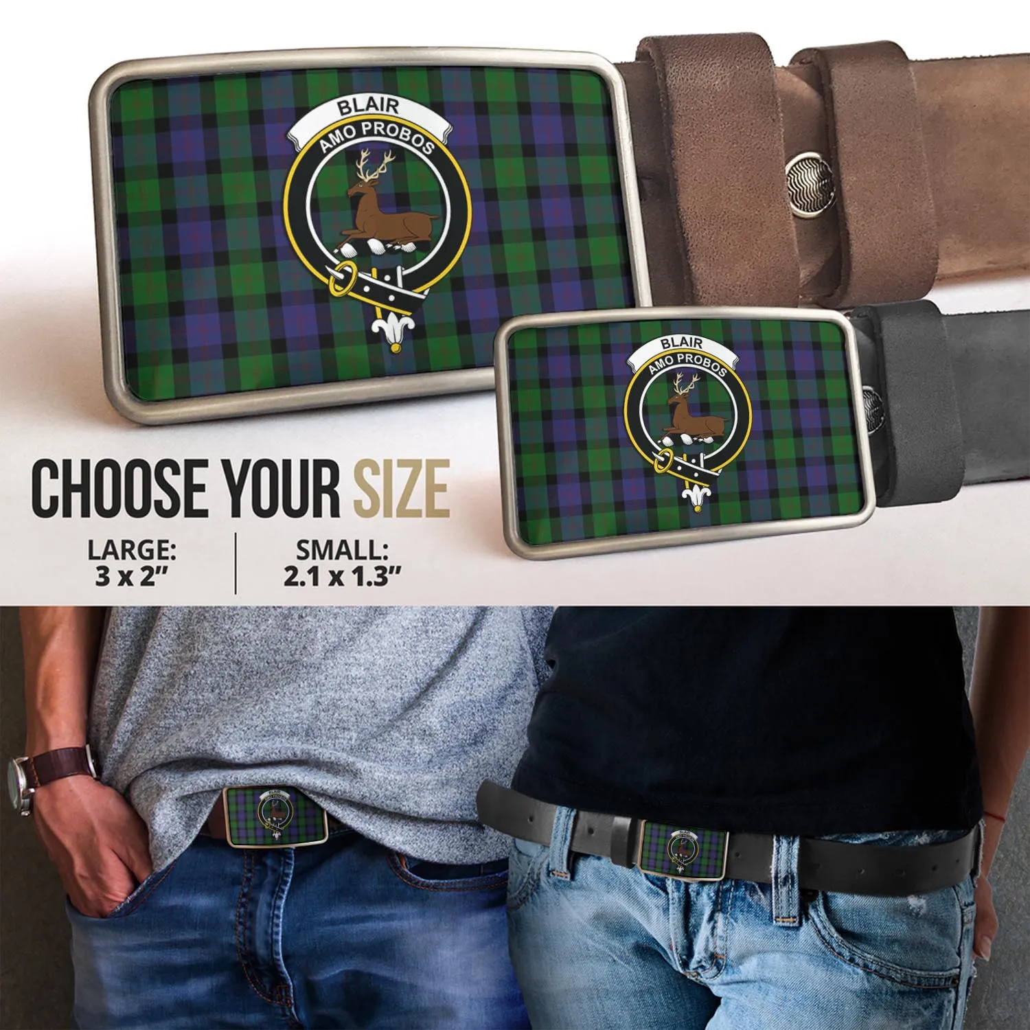 Blair Tartan Belt Buckles with Family Crest