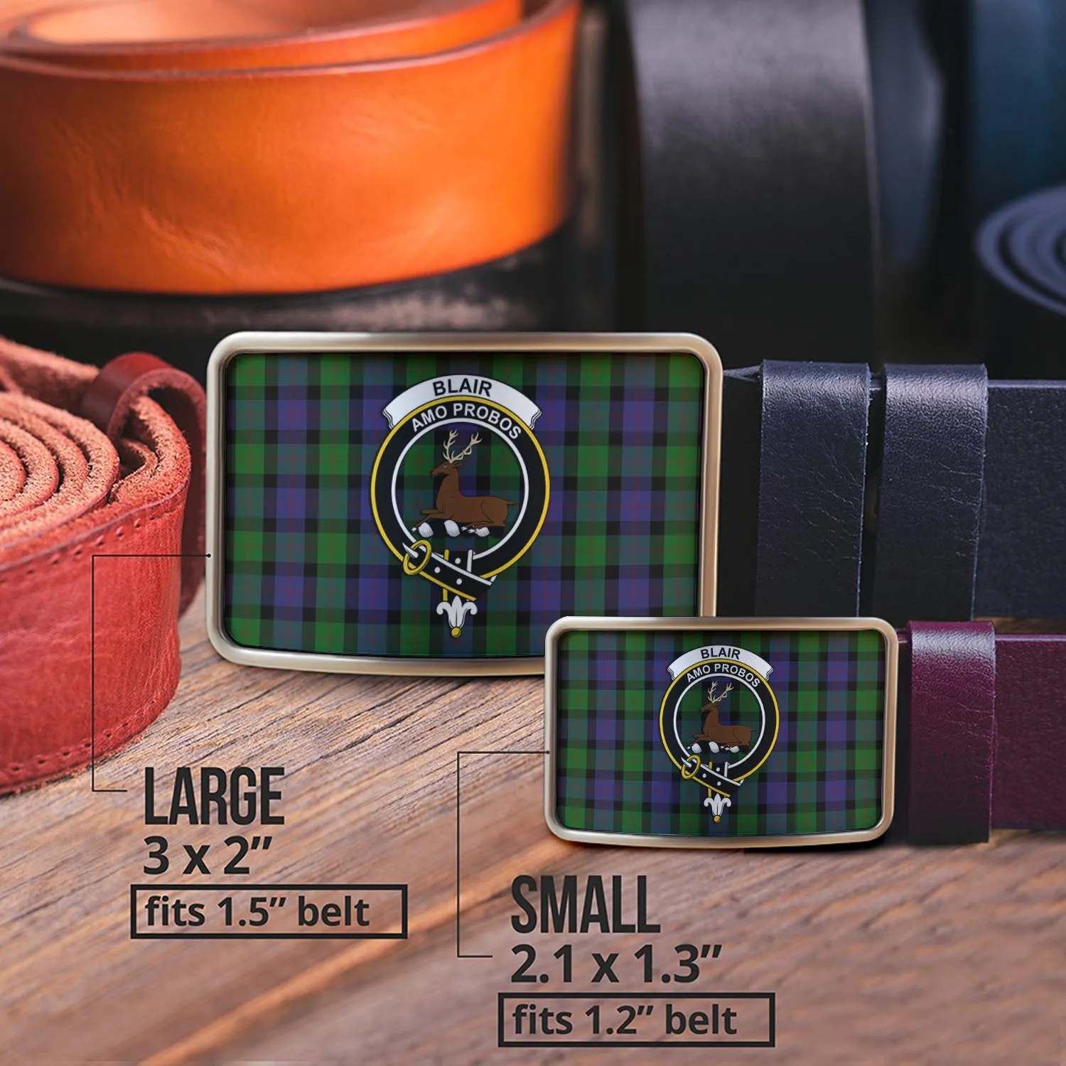 Blair Tartan Belt Buckles with Family Crest