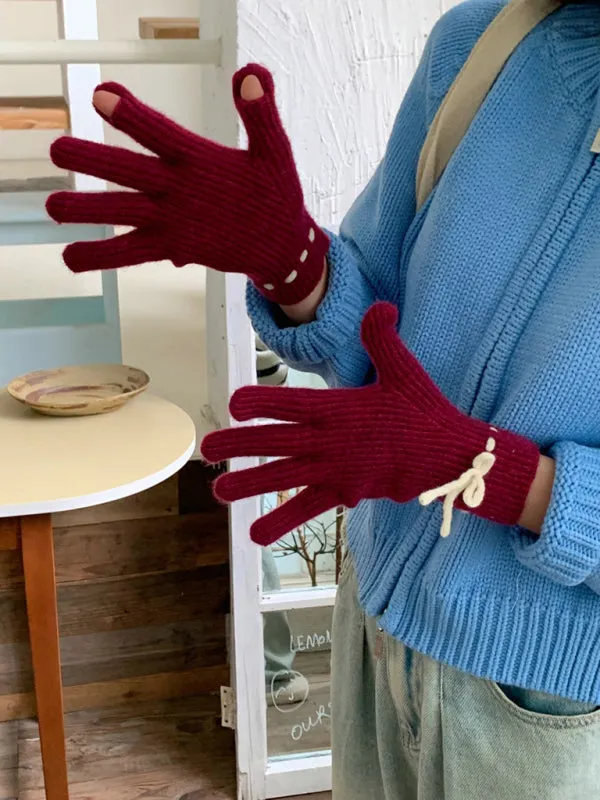 Blue Zone Planet |  Anna's Bow-knot Knit Warm Fingerless Gloves