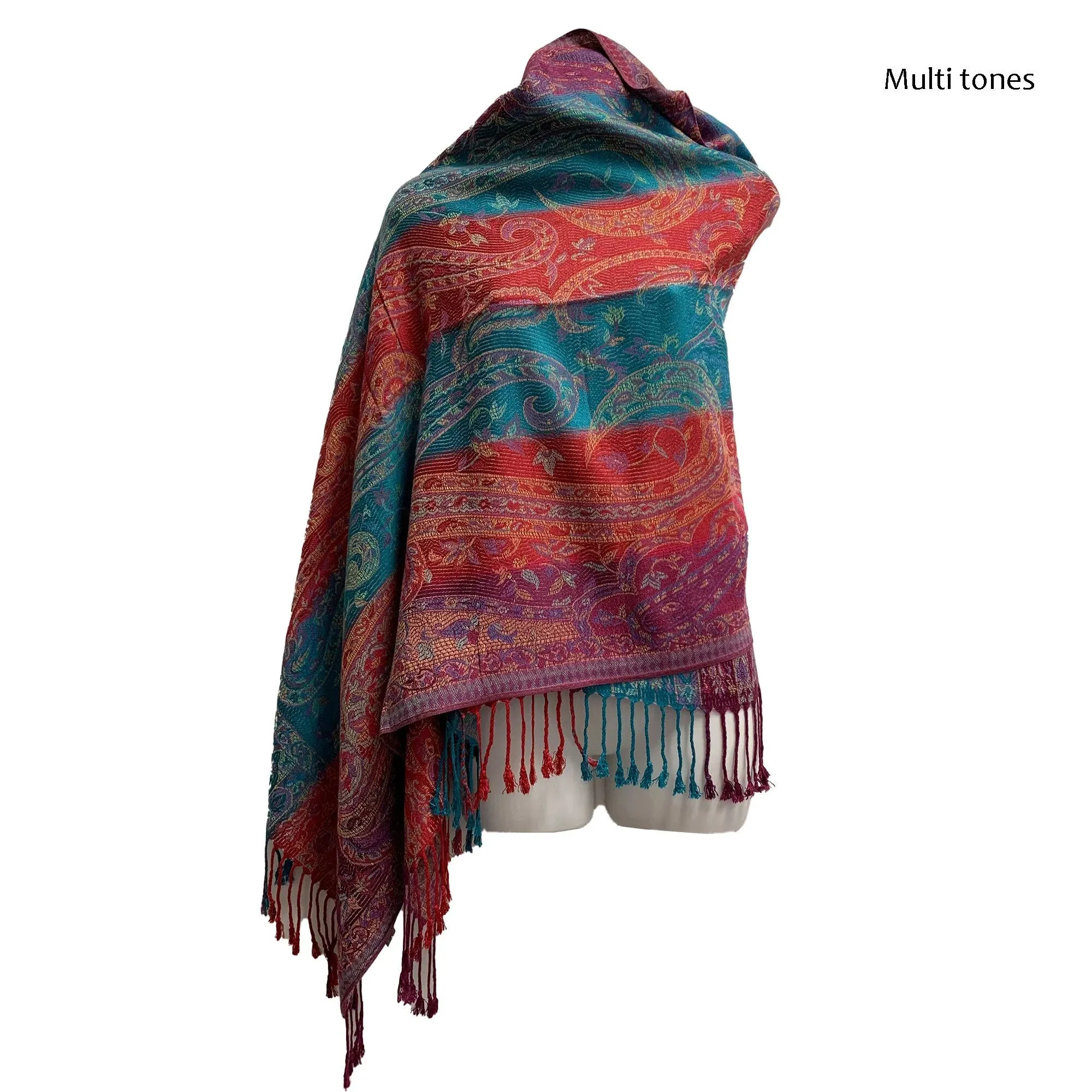 Bohemian Reversible Jacquard Paisley Print Silk Fringed Pashmina Shawl Wrap Scarf