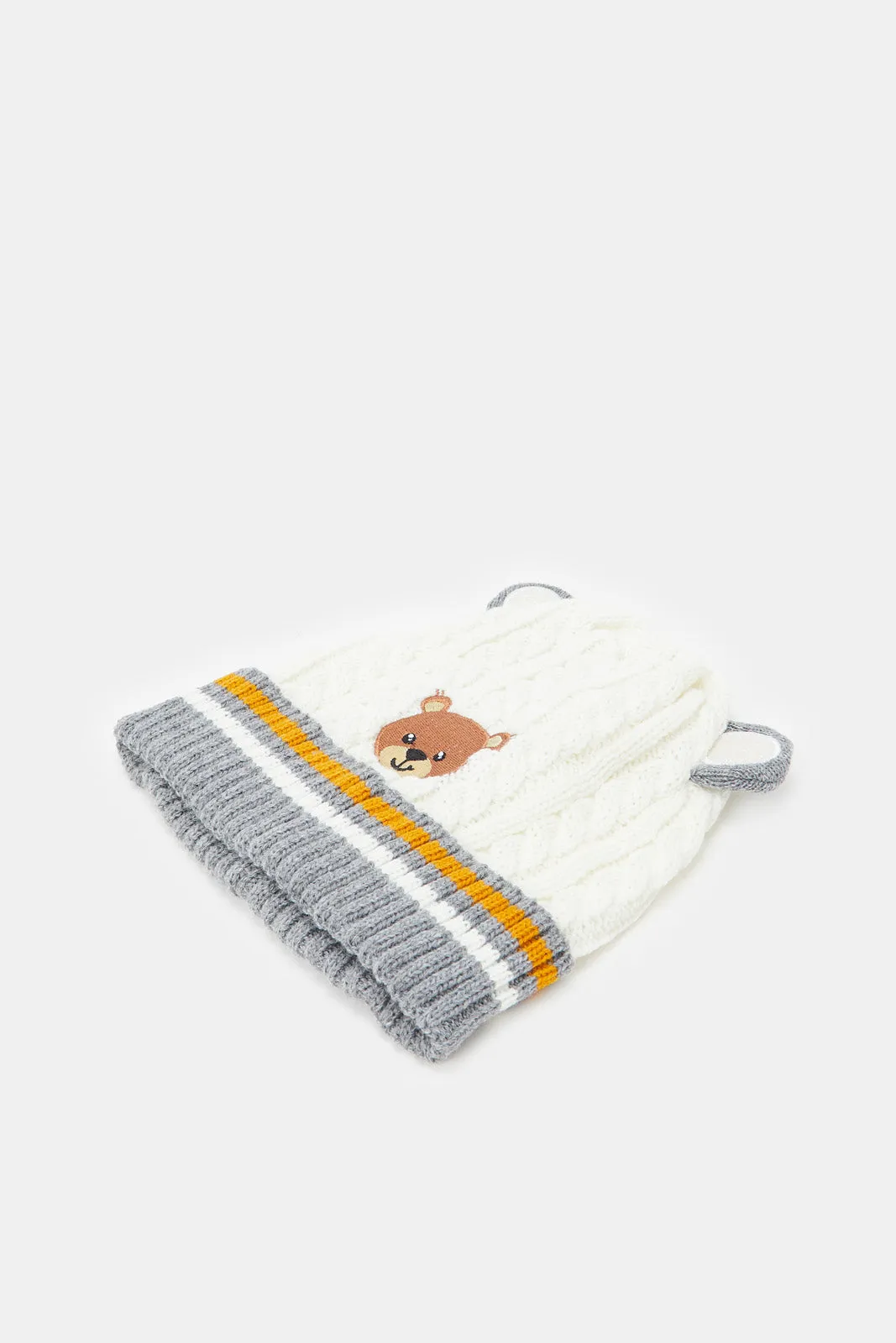 Boys White And Grey Knitted Cap With Gloves Set (2 Piece)