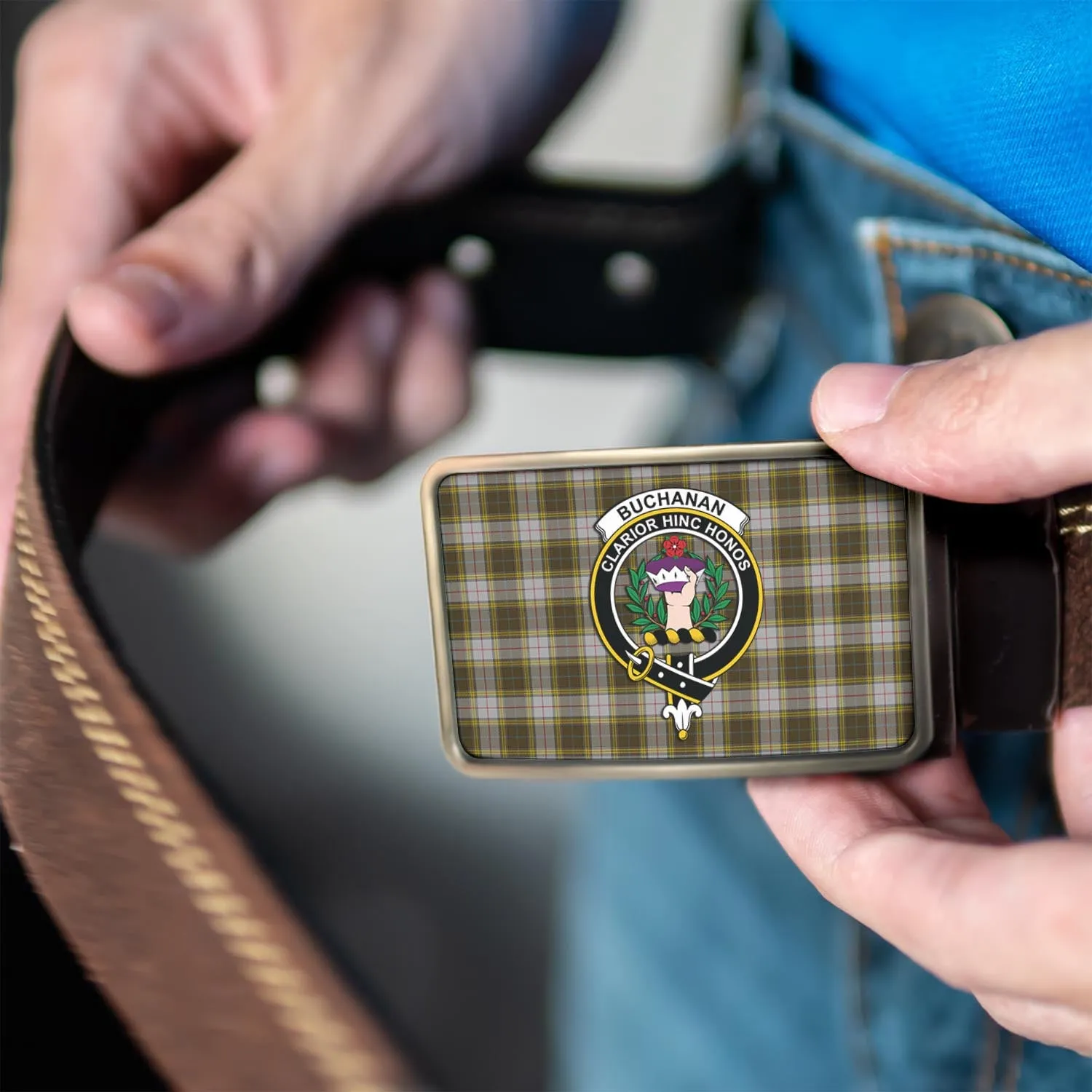 Buchanan Dress Tartan Belt Buckles with Family Crest