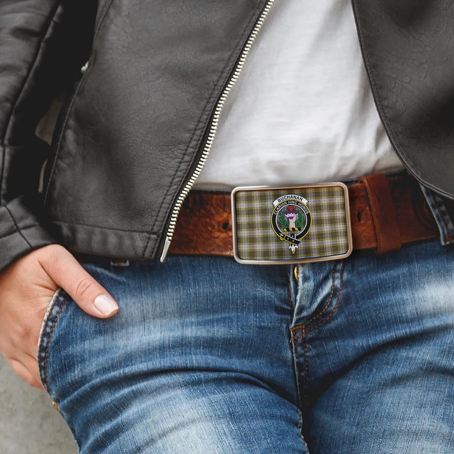 Buchanan Dress Tartan Belt Buckles with Family Crest