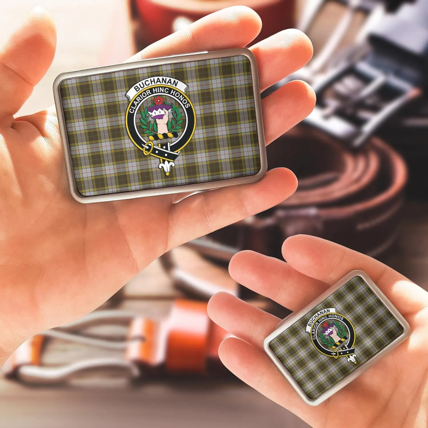 Buchanan Dress Tartan Belt Buckles with Family Crest