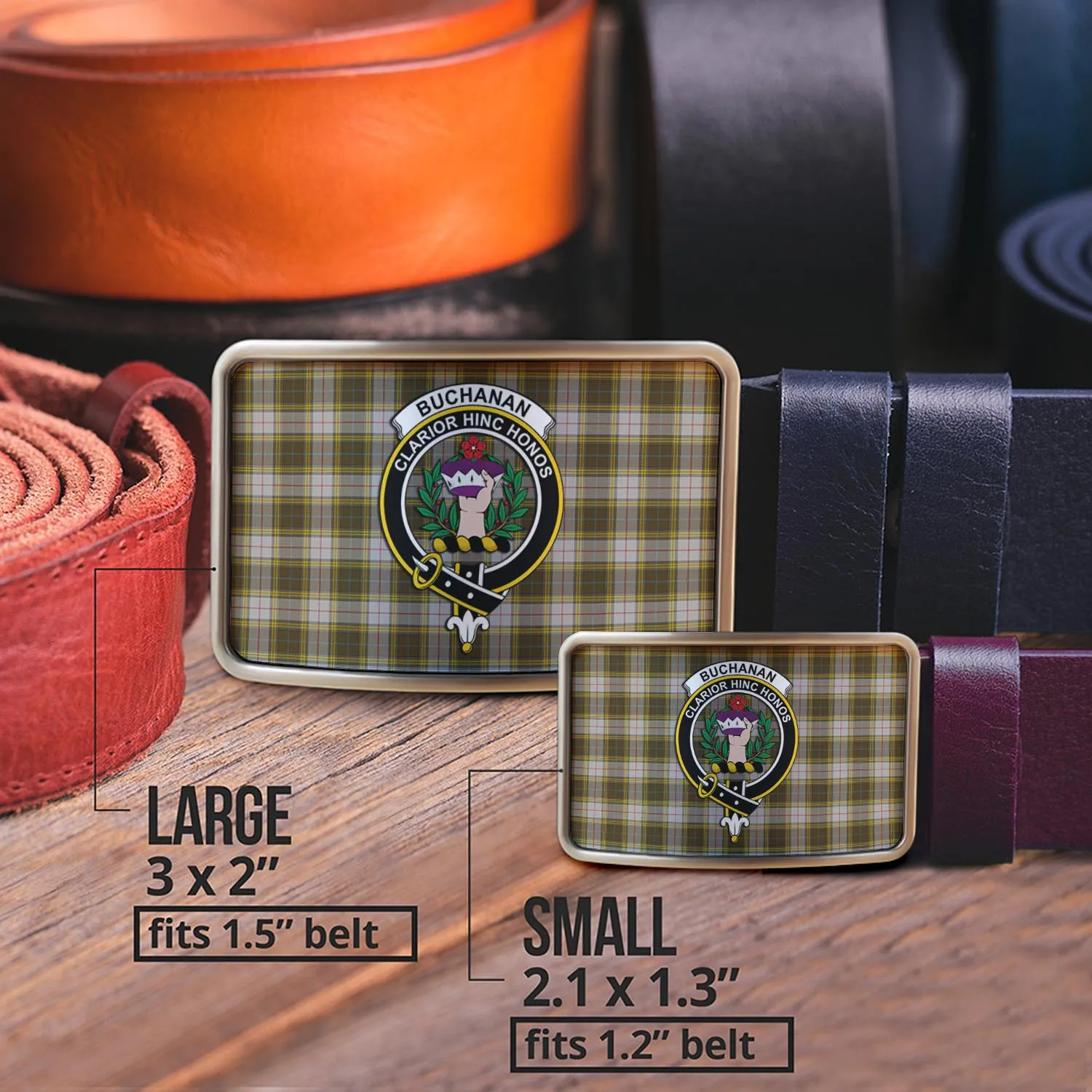 Buchanan Dress Tartan Belt Buckles with Family Crest