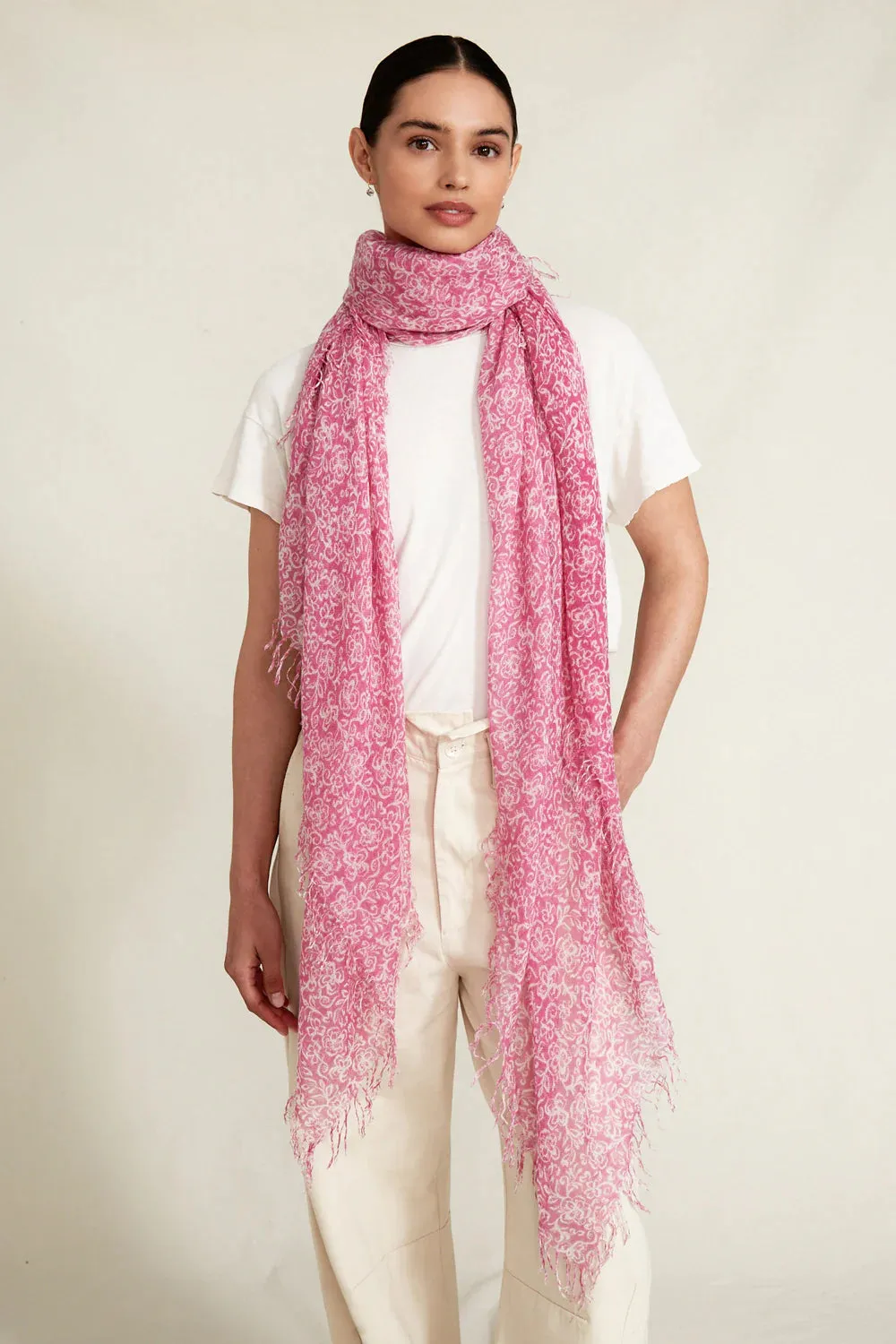 Chan Luu- Cashmere & Silk Hibiscus Print Scarf- Sachet Pink