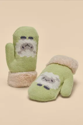 Childrens Sheep Knitted Mittens  Sage