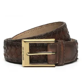 Dark Brown Leather Belt Full Hand Weaved Shiny Golden Buckle By Brune & Bareskin