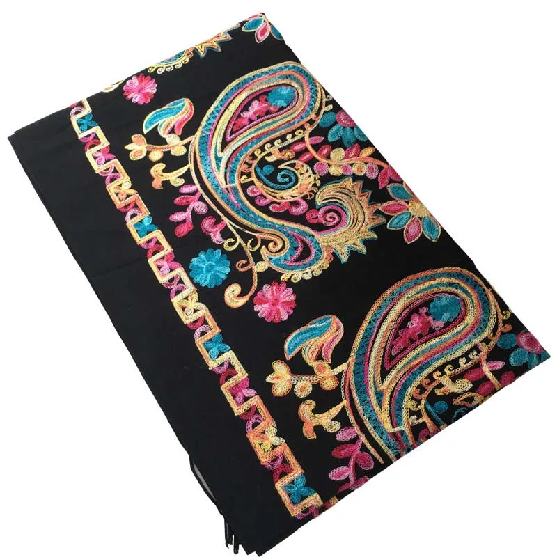 Embroided Flower Pashmina Cashmere Scarf  Fine Tassels