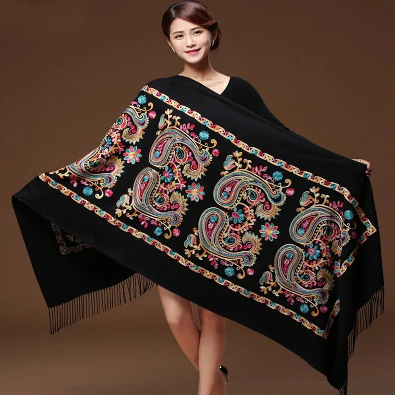 Embroided Flower Pashmina Cashmere Scarf  Fine Tassels