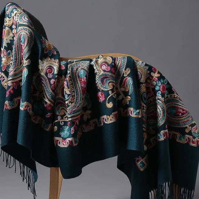 Embroided Flower Pashmina Cashmere Scarf  Fine Tassels