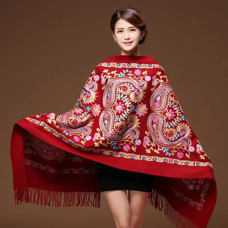 Embroided Flower Pashmina Cashmere Scarf  Fine Tassels