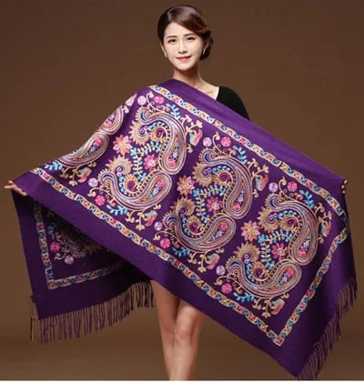 Embroided Flower Pashmina Cashmere Scarf  Fine Tassels