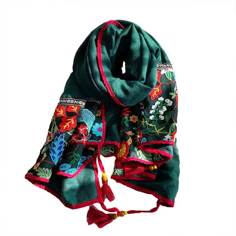 Ethnic Embroidery Women Scarf Foulard Elegant Flower Long Scarf Muslim Hijab Shawl Beautiful Travel size 85*180cm.