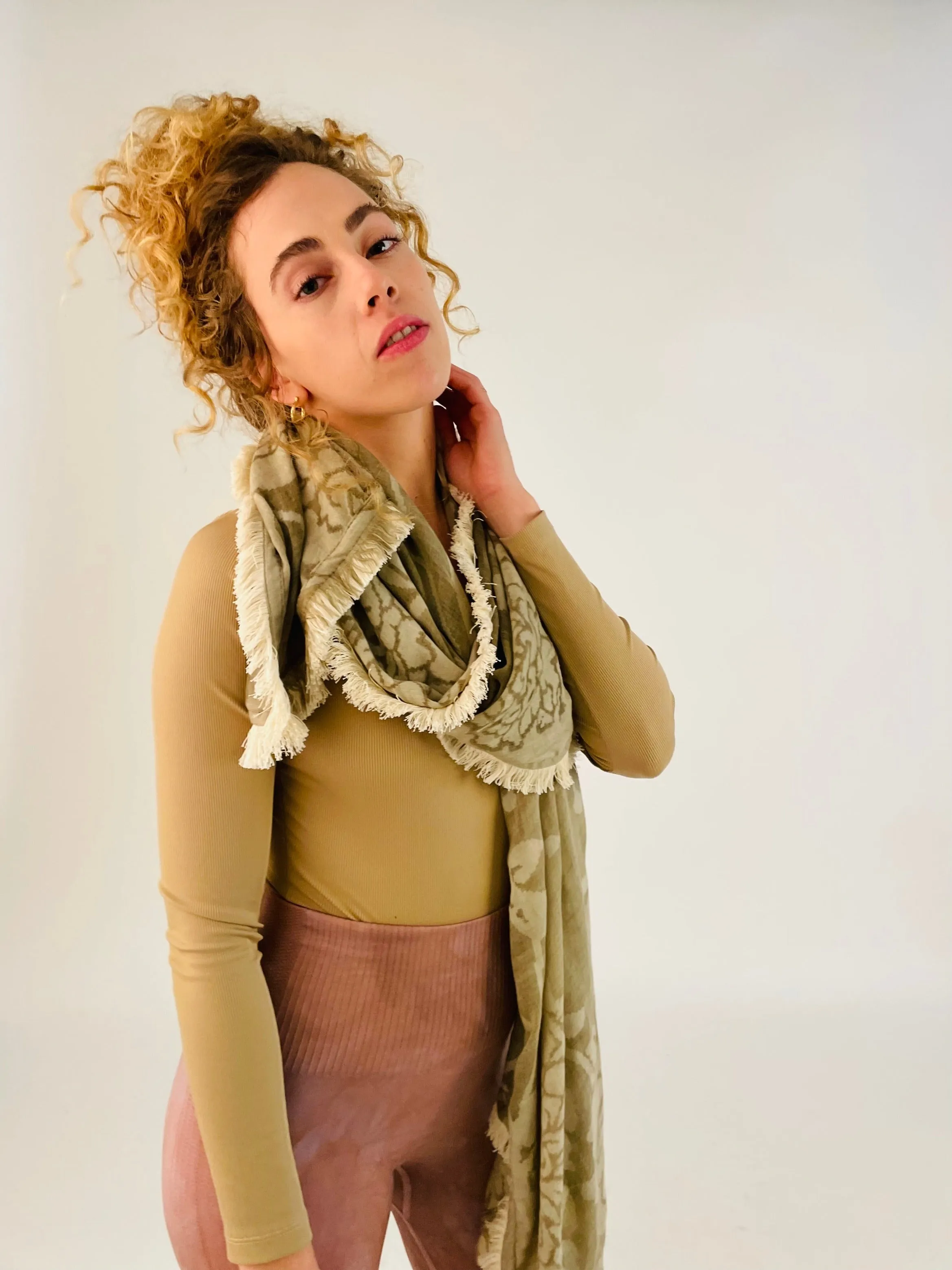 Floral Fringed Scarf - Tan