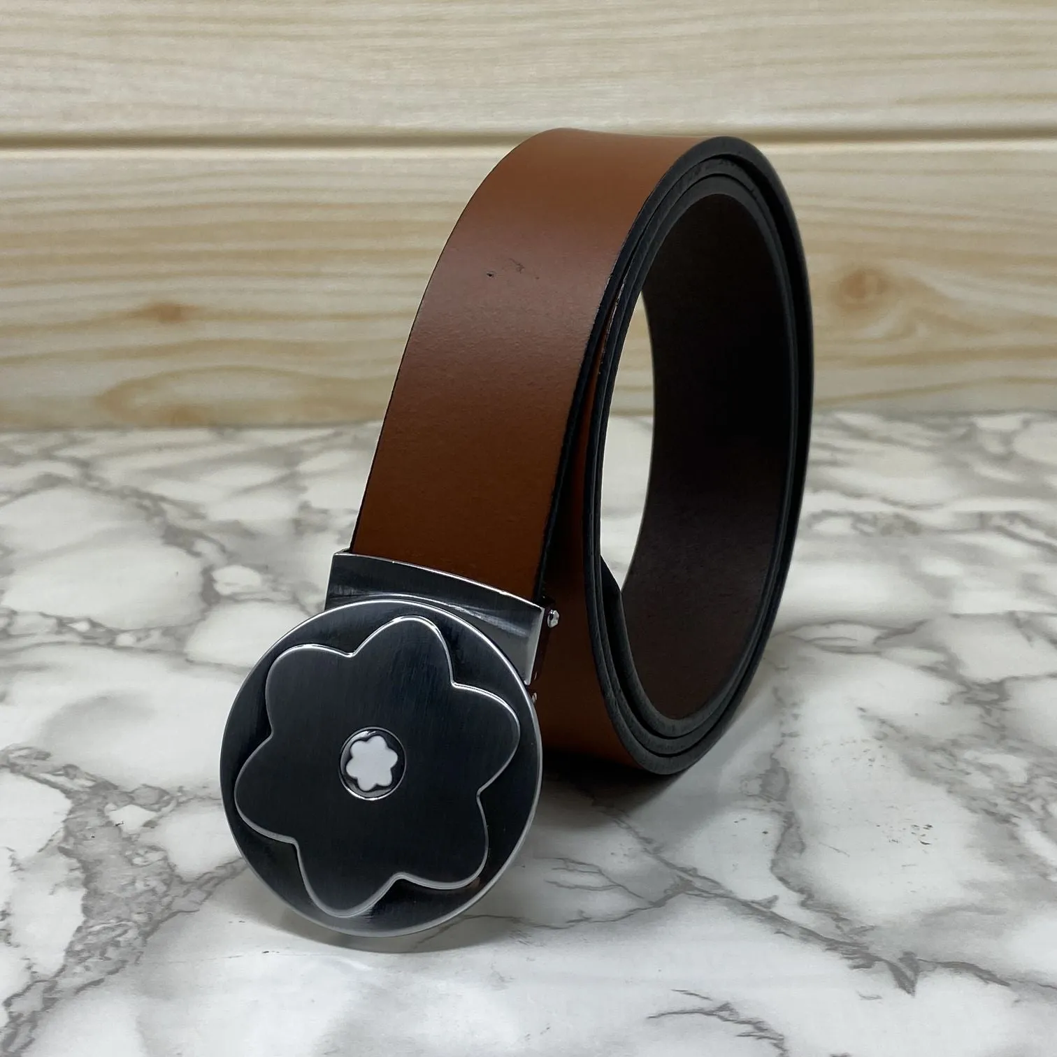 Flower Pattern Round Pin Buckle Leather Belt For Men-JonasParamount