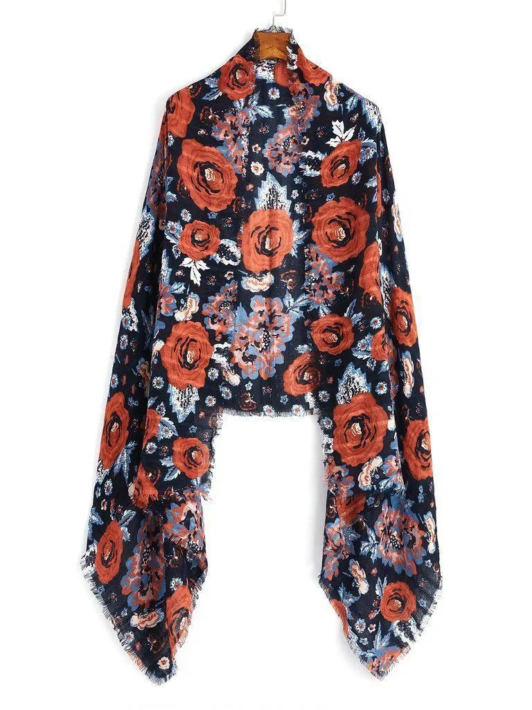 Flower Print Frayed Trim Scarf