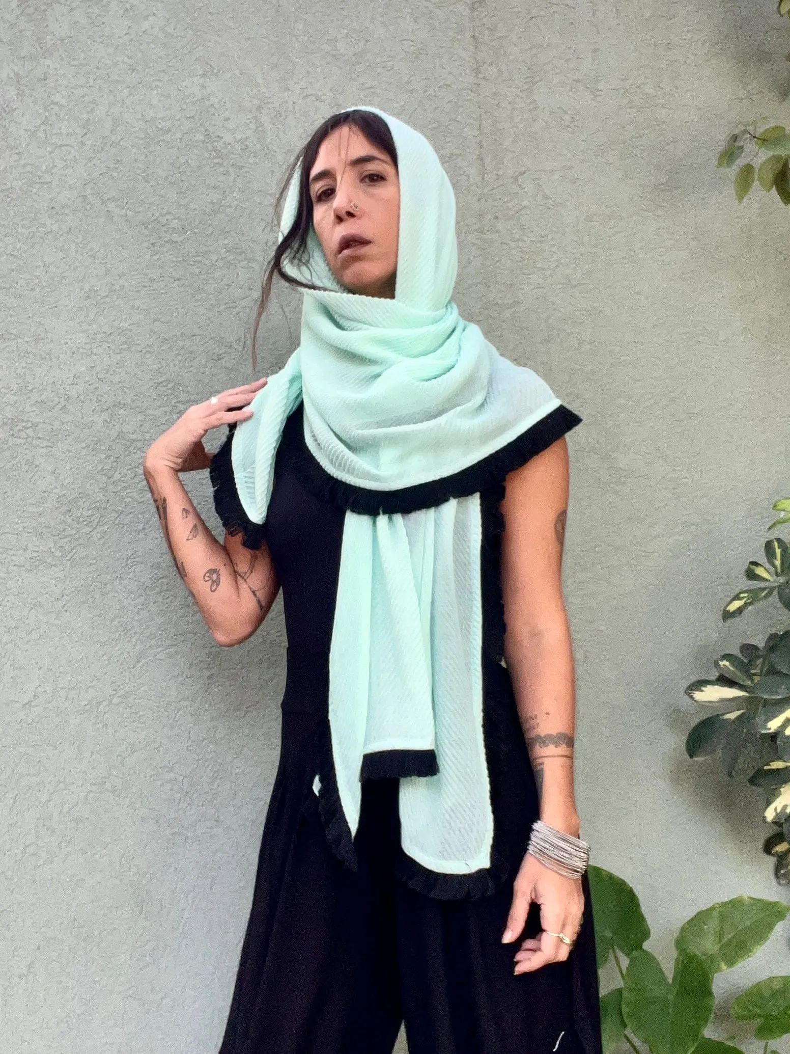 Fringe scarf - Mint & Black