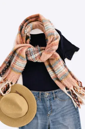 Fuzzy Wrap Shawl / Pink & Mustard Plaid