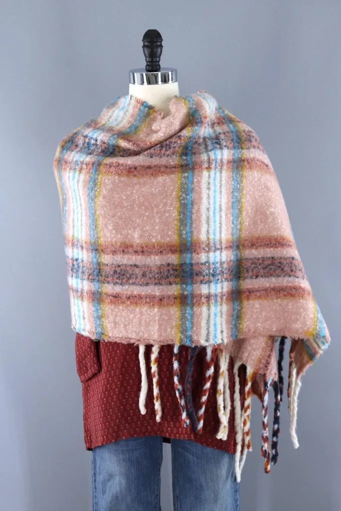 Fuzzy Wrap Shawl / Pink & Mustard Plaid