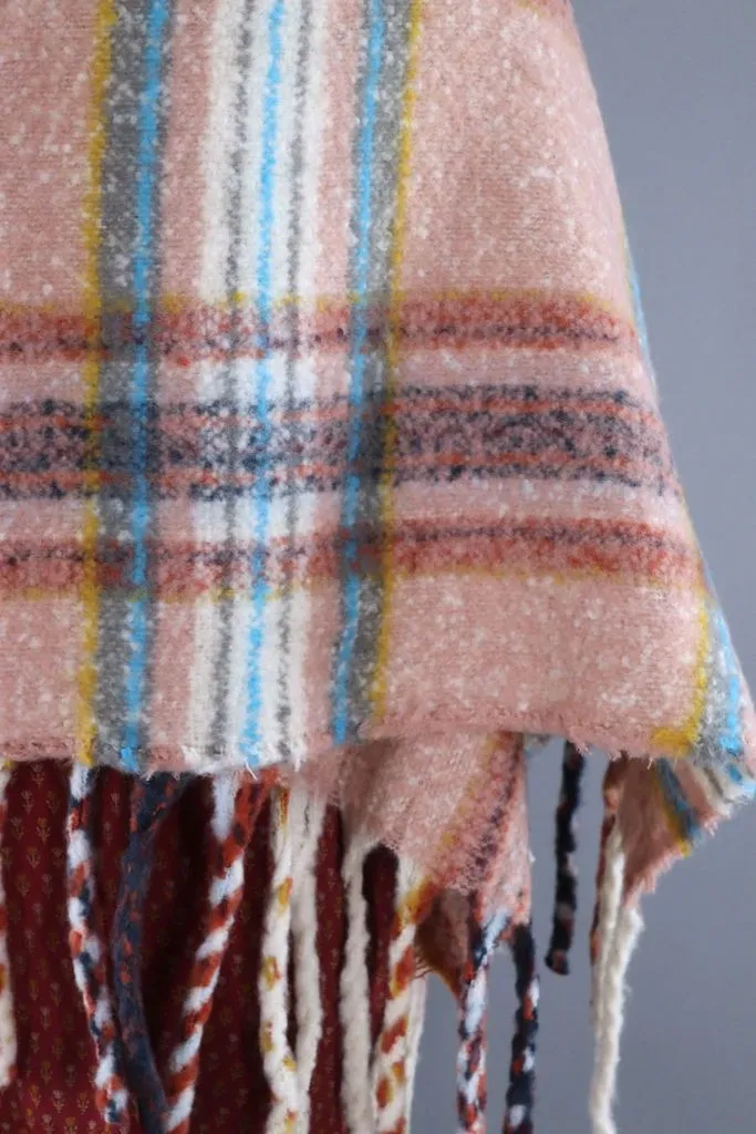 Fuzzy Wrap Shawl / Pink & Mustard Plaid