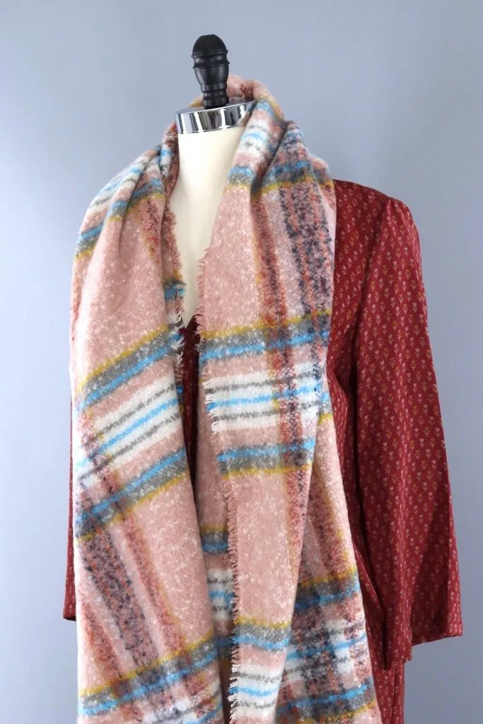 Fuzzy Wrap Shawl / Pink & Mustard Plaid