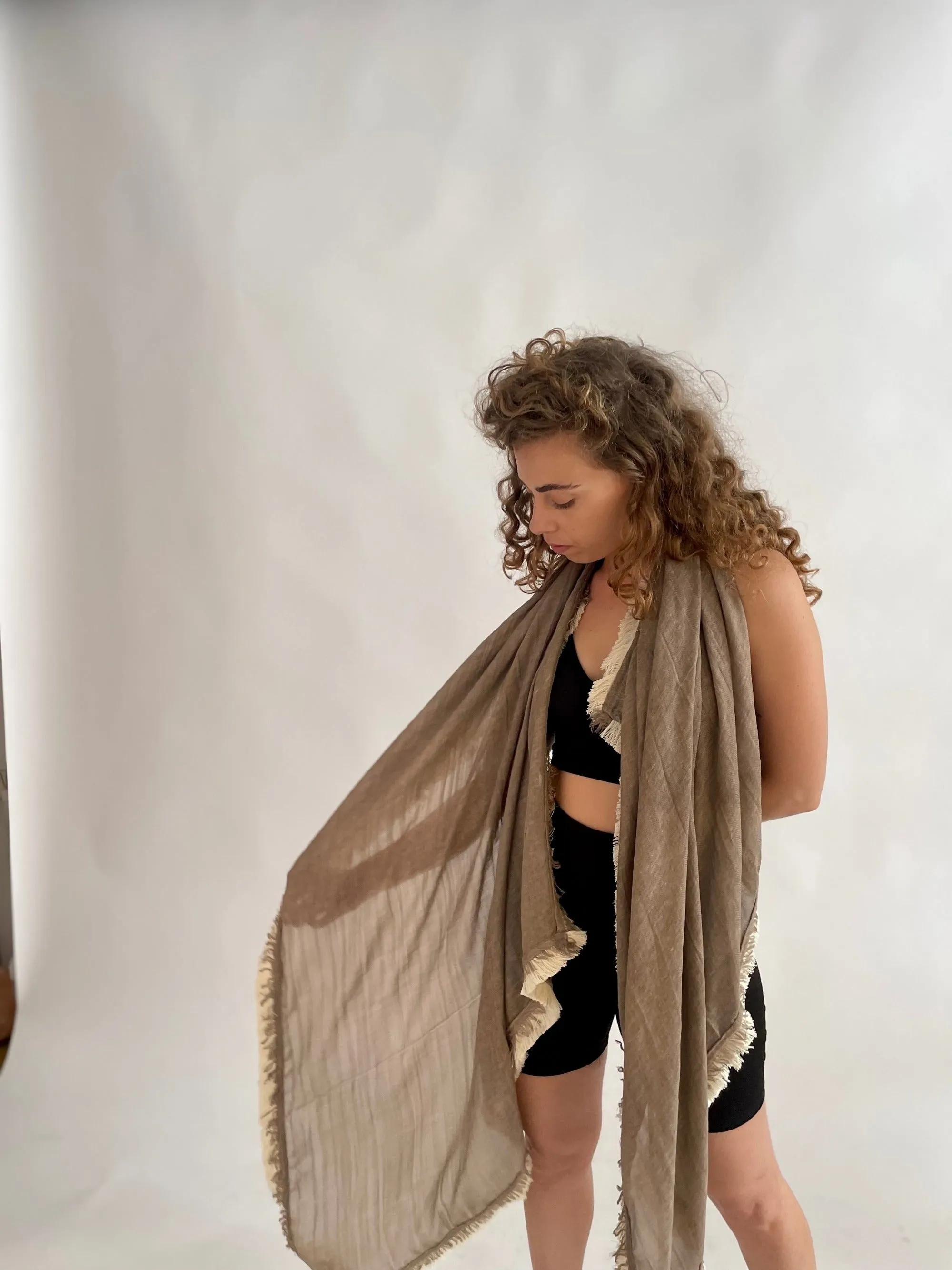 Huge Fringed Scarf - Stone & Cream