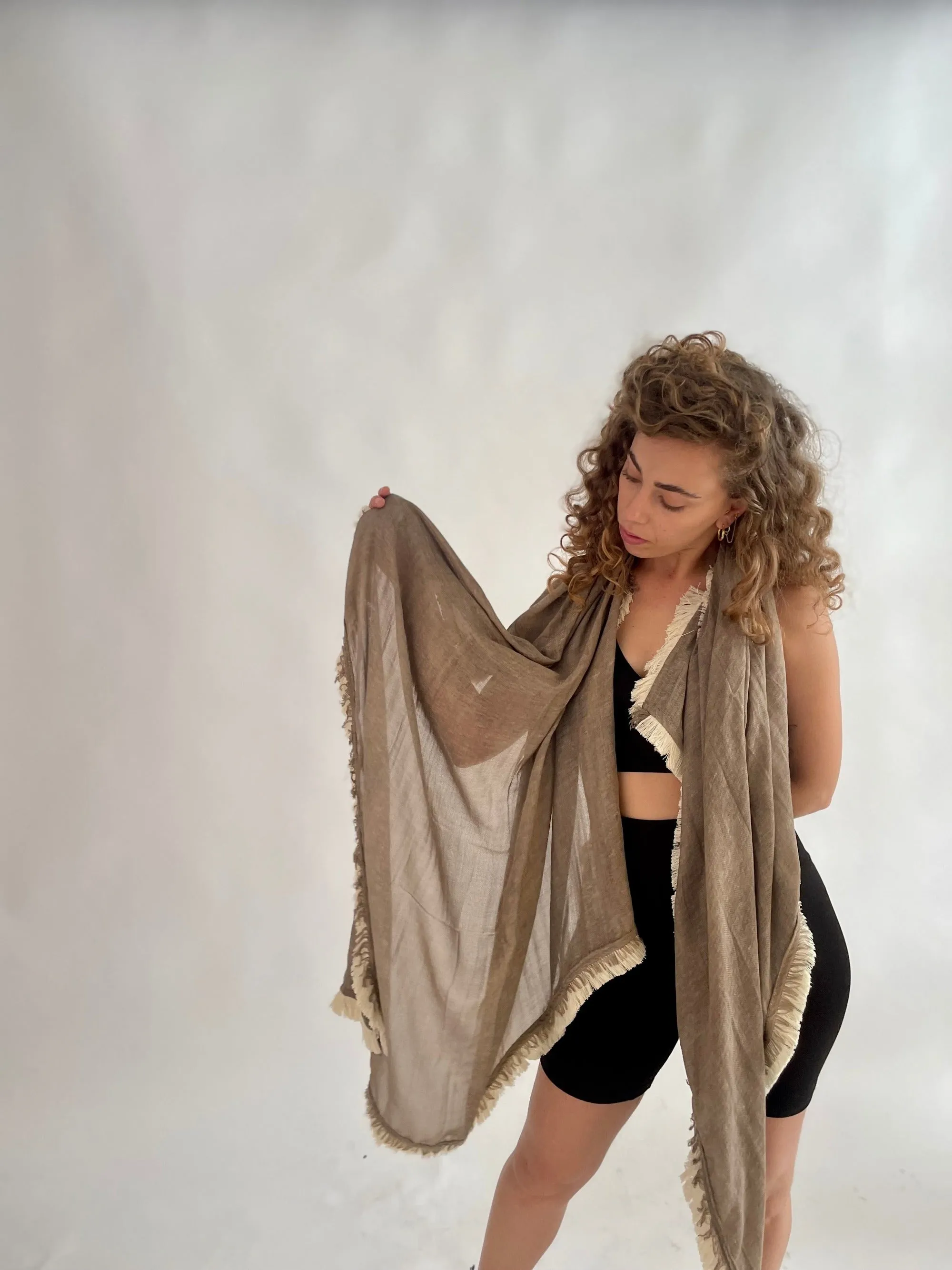 Huge Fringed Scarf - Stone & Cream