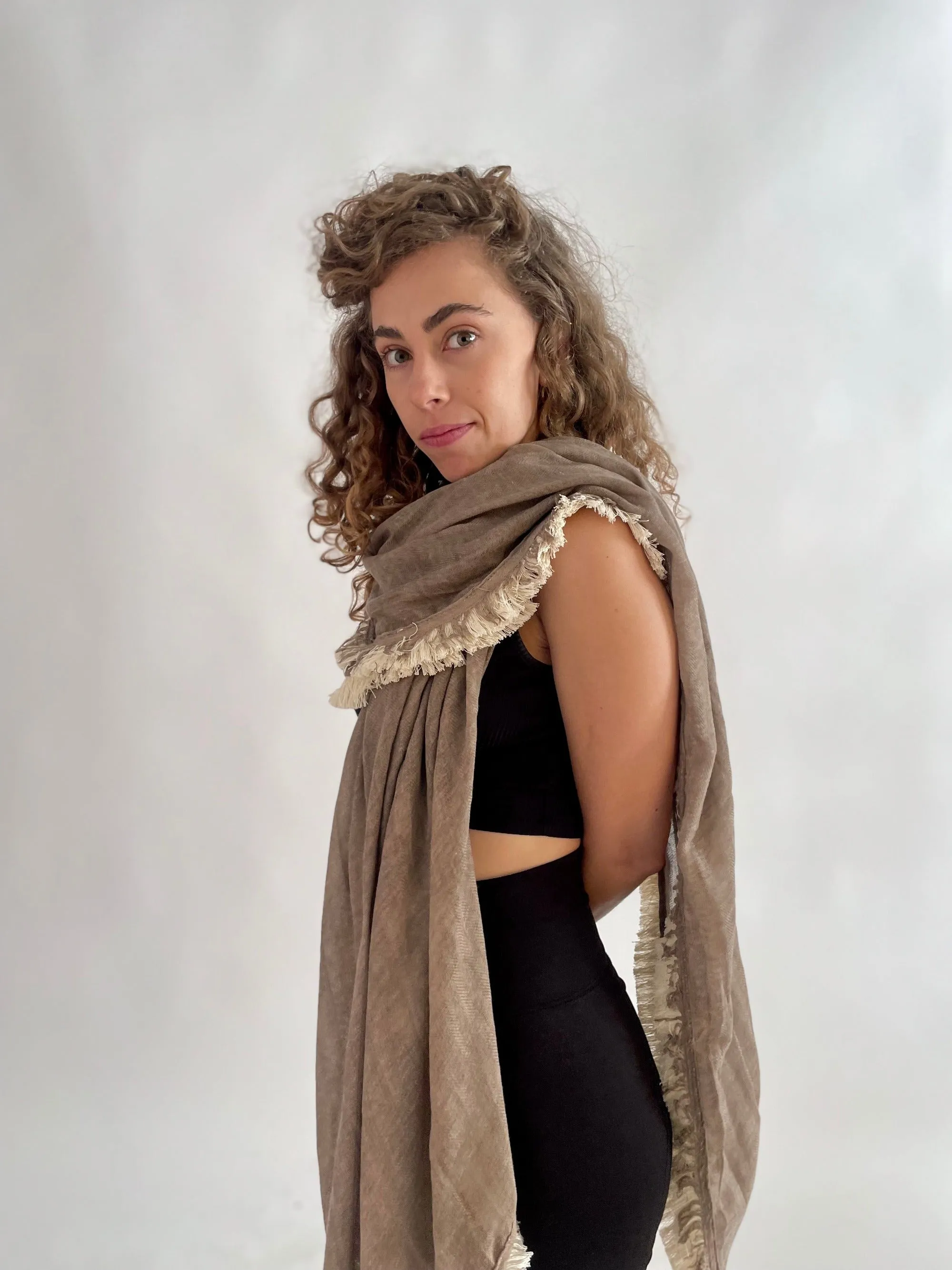 Huge Fringed Scarf - Stone & Cream