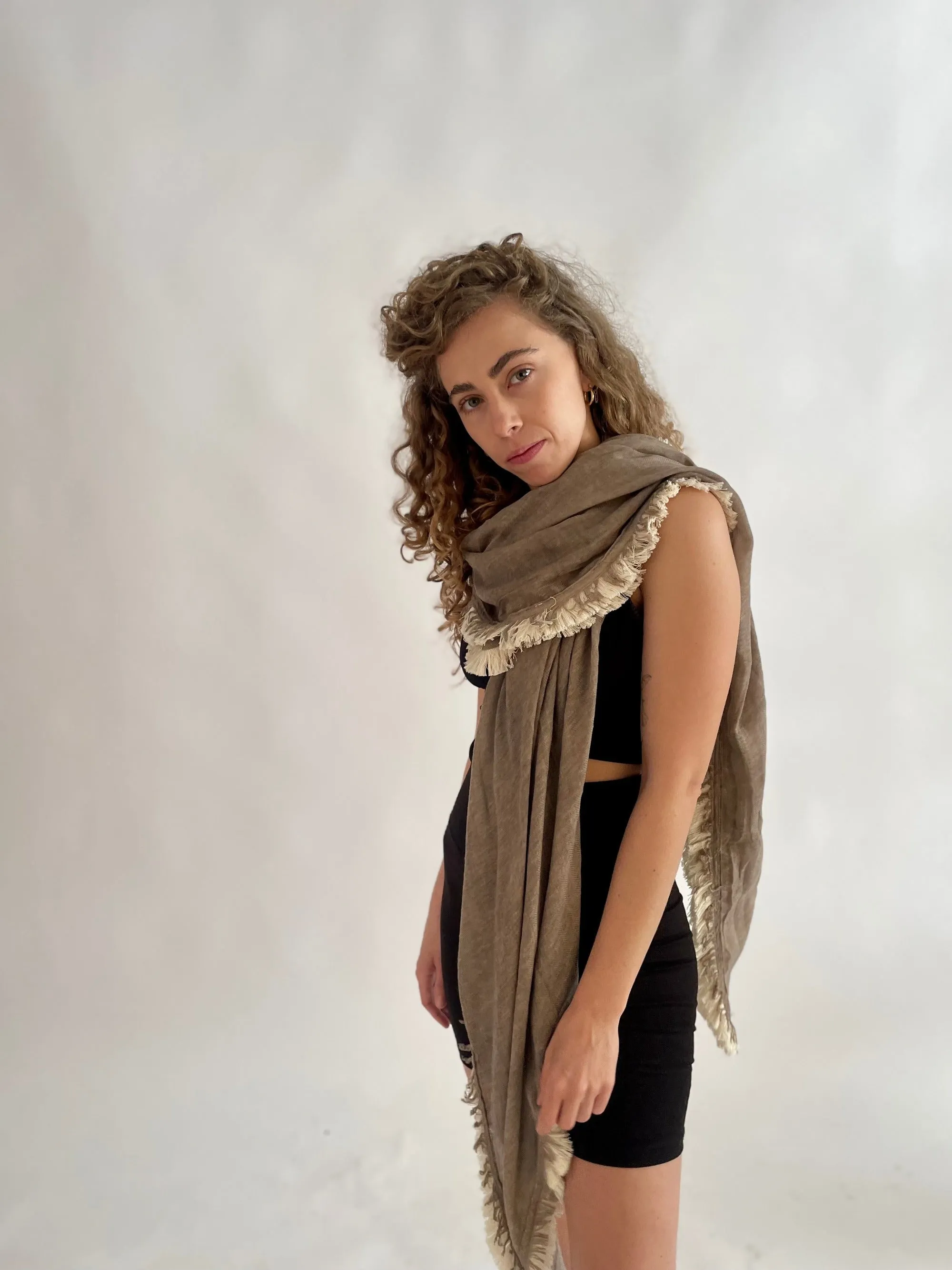 Huge Fringed Scarf - Stone & Cream