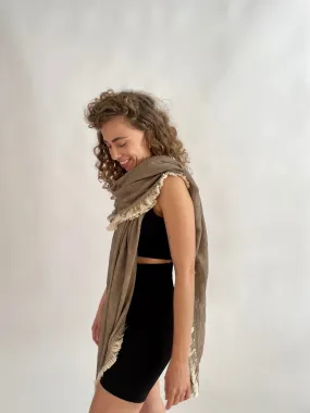 Huge Fringed Scarf - Stone & Cream