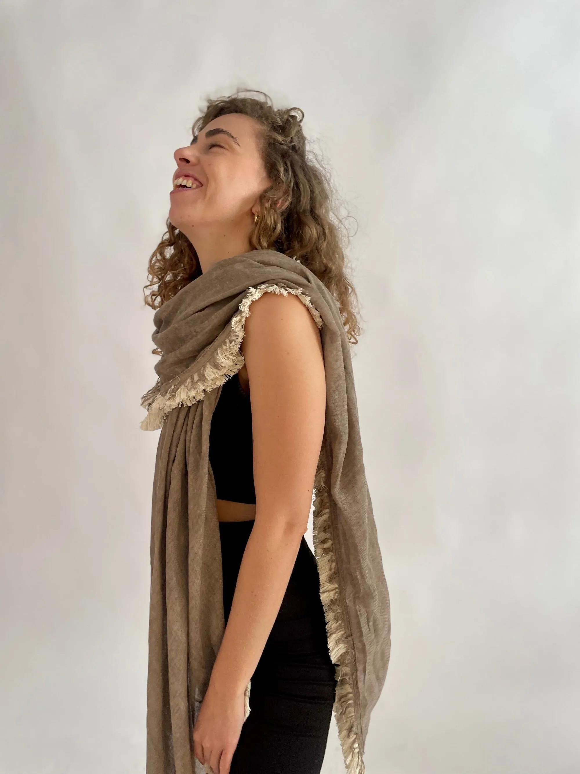 Huge Fringed Scarf - Stone & Cream