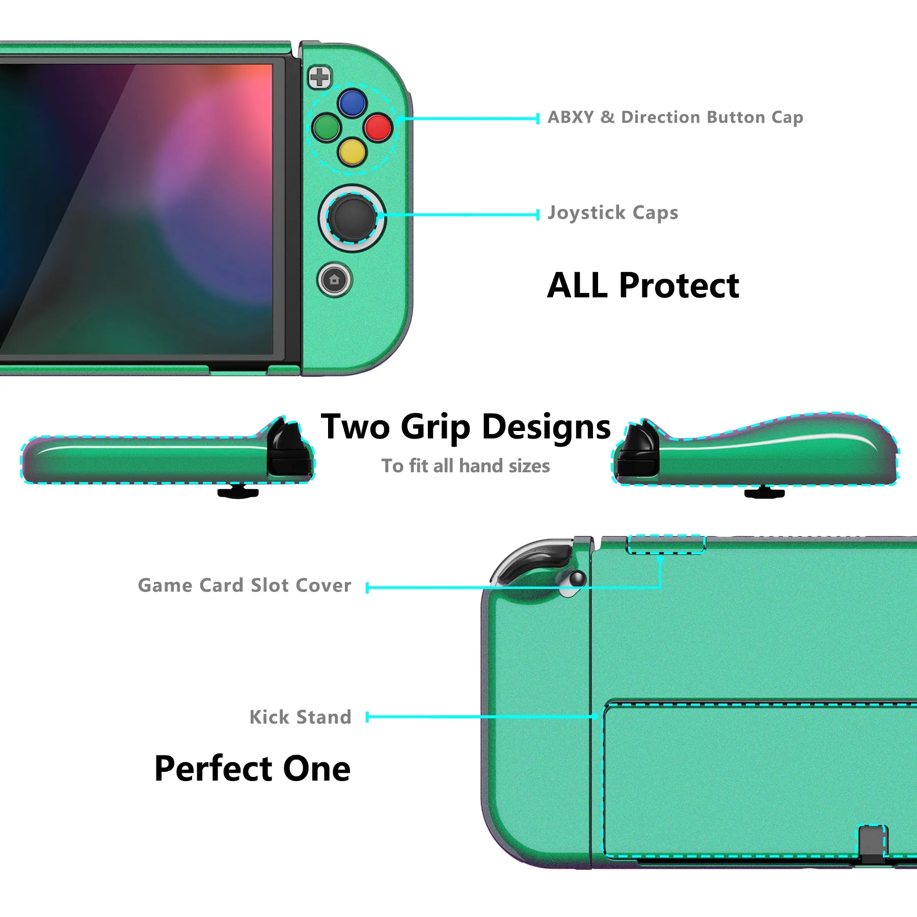 PlayVital AlterGrips Glossy Protective Slim Case for Nintendo Switch OLED, Ergonomic Grip Cover for Joycon, Dockable Hard Shell for Switch OLED w/Thumb Grip Caps & Button Caps - Chameleon Green Purple - JSOYP3002