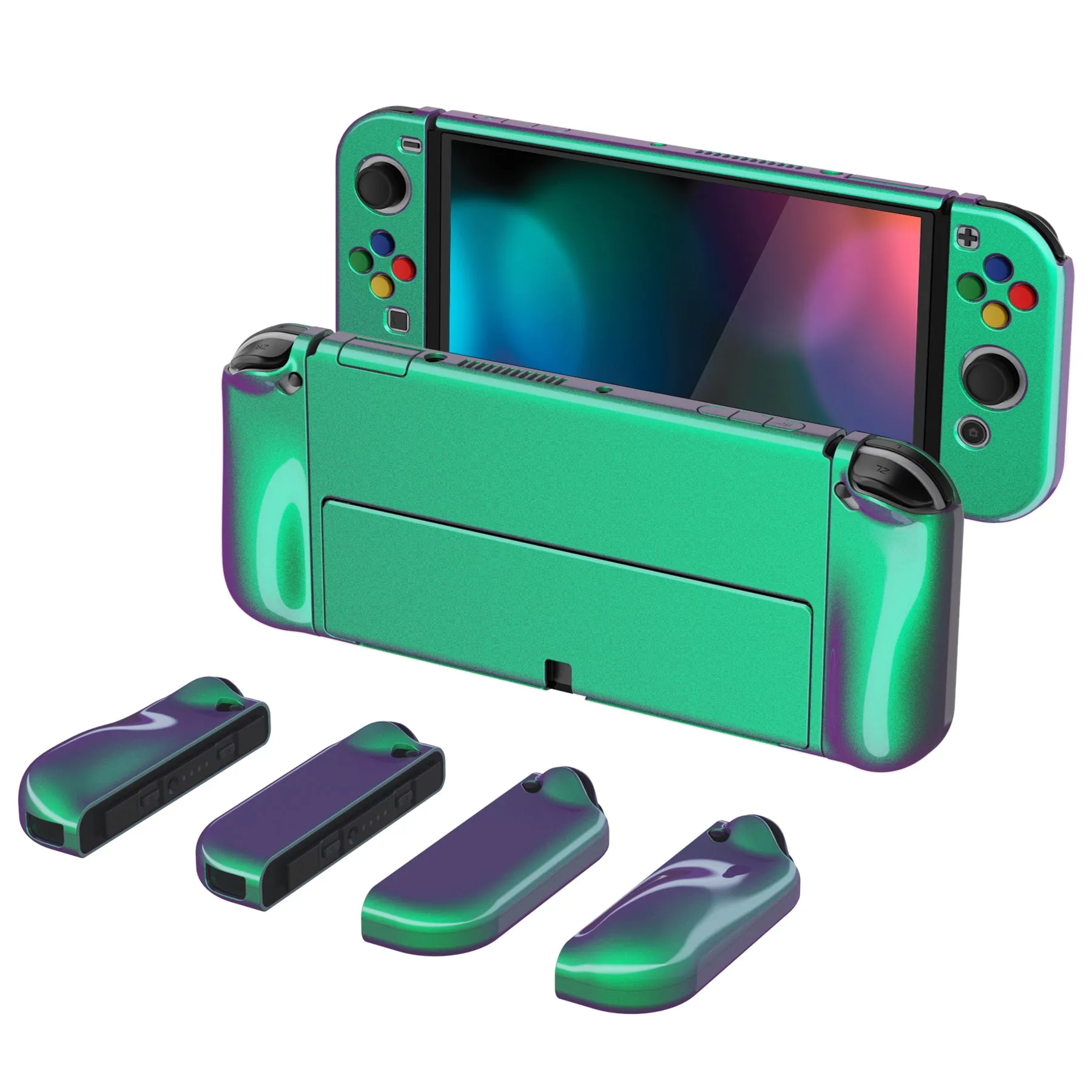 PlayVital AlterGrips Glossy Protective Slim Case for Nintendo Switch OLED, Ergonomic Grip Cover for Joycon, Dockable Hard Shell for Switch OLED w/Thumb Grip Caps & Button Caps - Chameleon Green Purple - JSOYP3002