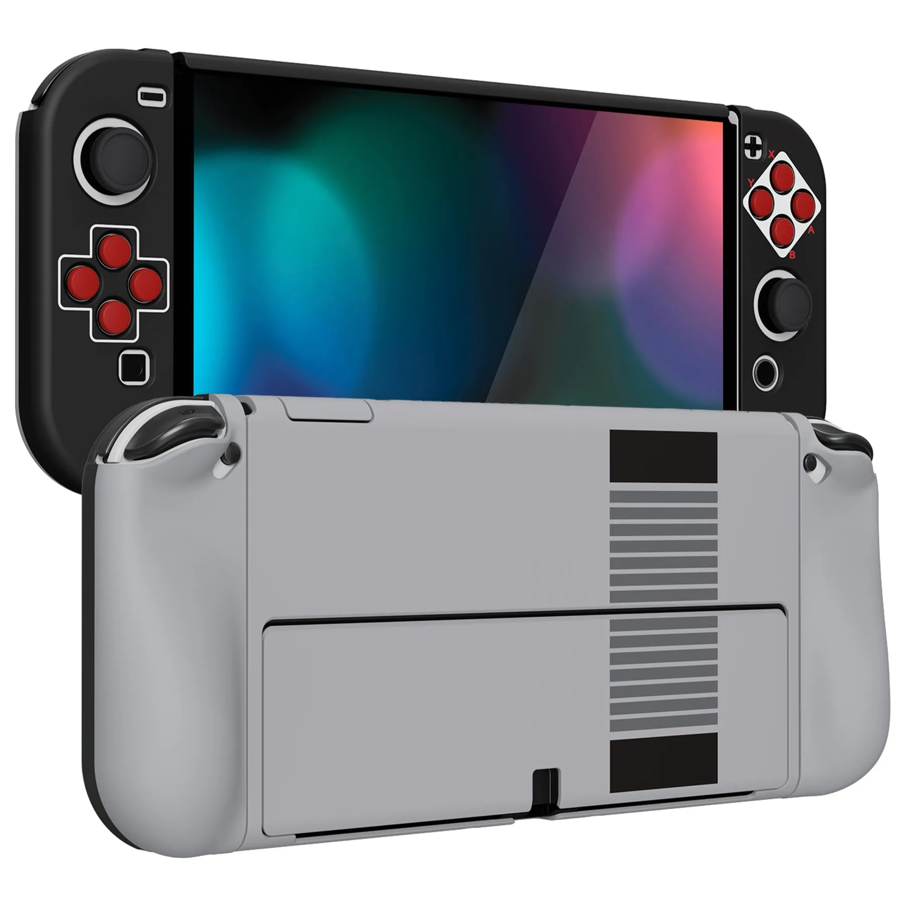 PlayVital AlterGrips Protective Slim Case for Nintendo Switch OLED, Ergonomic Grip Cover for Joycon, Dockable Hard Shell for Switch OLED with Thumb Grip Caps & Button Caps - Classics NES Style - JSOYY7002