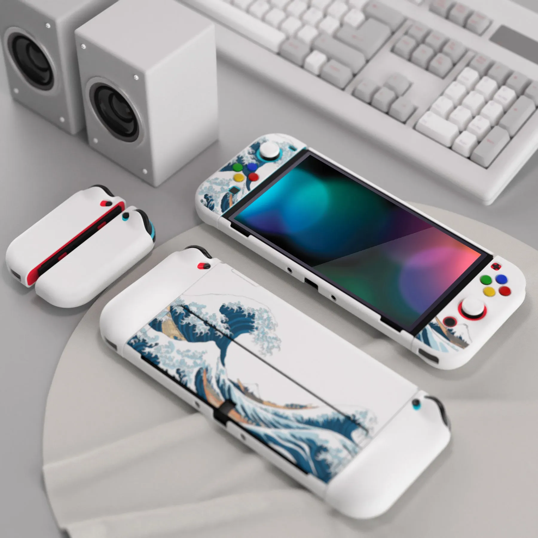 PlayVital AlterGrips Protective Slim Case for Nintendo Switch OLED, Ergonomic Grip Cover for Joycon, Dockable Hard Shell for Switch OLED with Thumb Grip Caps & Button Caps - The Great Wave off Kanagawa - JSOYT001