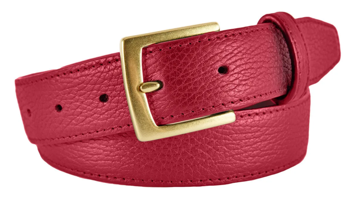 Red Pebbled Leather Belt, Signature Buckle (Gold)